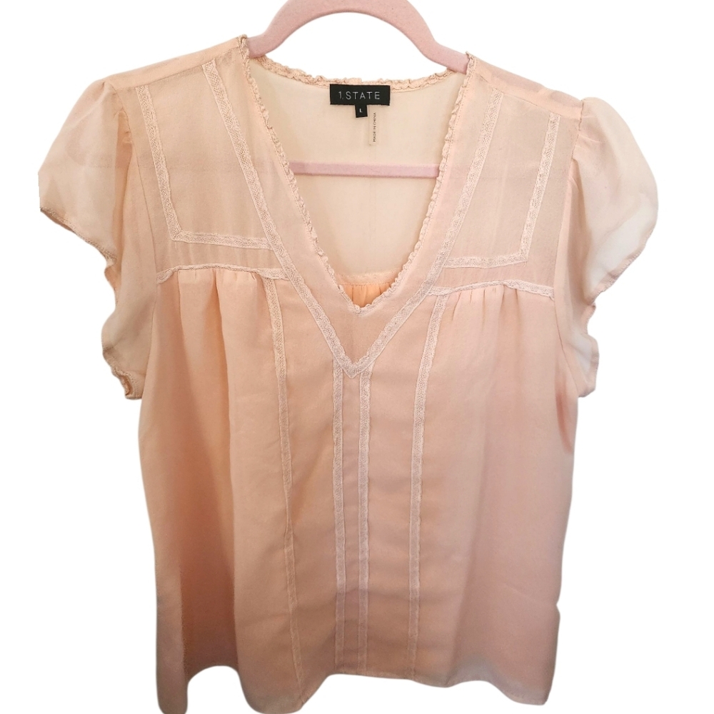 1. State Peach Cap Sleeves Sheer Chiffon Top V-neck Lace Trim Detail Lined Sz LG